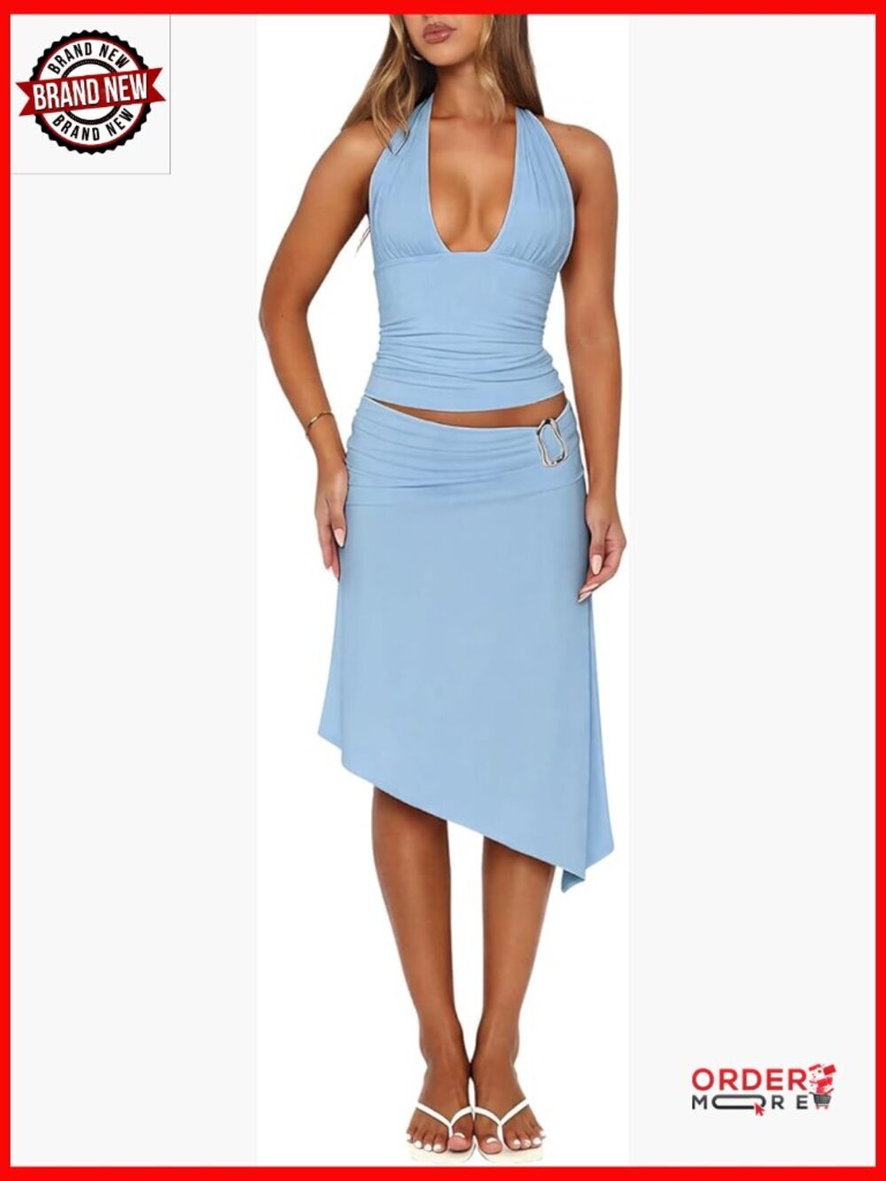 Deep V Neck Halter Top & Asymmetrical Midi Skirt Set 2 Piece Outfit
